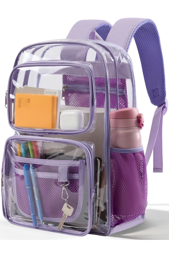 Clear Backpack for School - 17 inch Large Heavy Duty Stadium Approved Clear Bookbag, See Through PVC Transparent Backpacks for Travel College Work, Purple