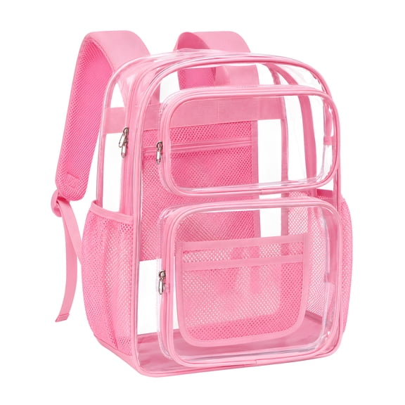 DAKIMOE Clear Backpack for School - 17 inch Large Heavy Duty Stadium Approved Clear Bookbag, See Through PVC Transparent Backpacks for Travel College Work, Pink