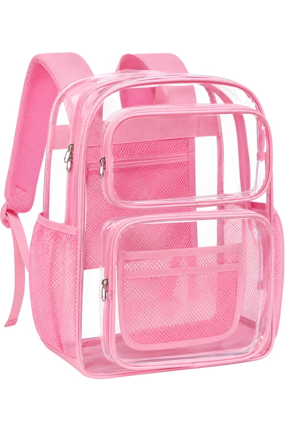 Clear Backpack for School - 17 inch Large Heavy Duty Stadium Approved Clear Bookbag, See Through PVC Transparent Backpacks for Travel College Work, Pink
