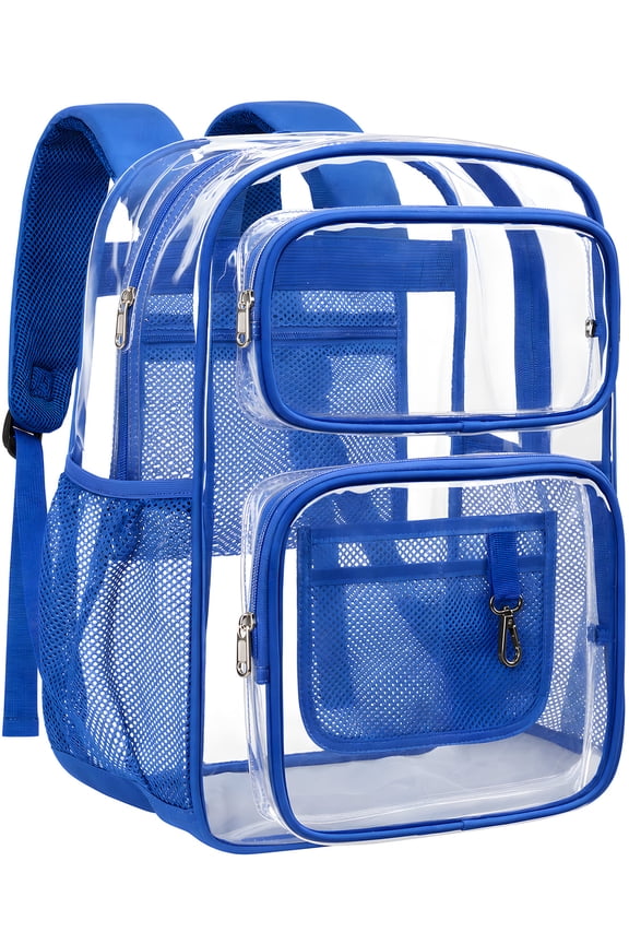 Clear Backpack for School - 17 inch Large Heavy Duty Stadium Approved Clear Bookbag, See Through PVC Transparent Backpacks for Travel College Work, Blue