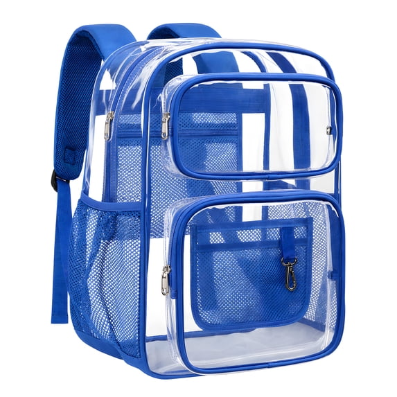 DAKIMOE Clear Backpack for School - 17 inch Large Heavy Duty Stadium Approved Clear Bookbag, See Through PVC Transparent Backpacks for Travel College Work, Blue