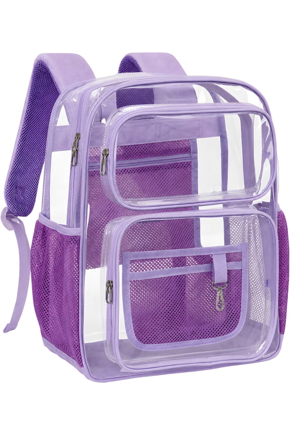 Clear Backpack for School - 17 inch Large Heavy Duty Stadium Approved Clear Bookbag, See Through PVC Transparent Backpacks for Travel College Work, Purple