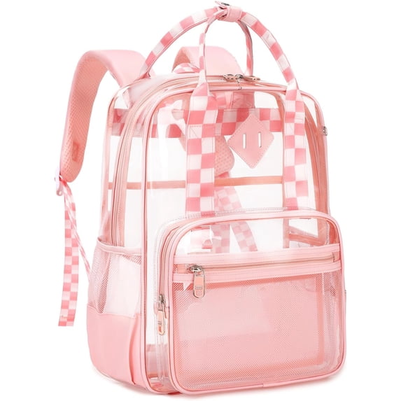 DAKIMOE Clear Backpacks for School Small Clear Book Bag Heavy Duty Pvc Transparent Backpack Stadium Approved See Through Book Bags, Pink Checkered
