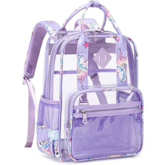 DAKIMOE Clear Backpacks for School Small Clear Book Bag Heavy Duty Pvc Transparent Backpack Stadium Approved See Through Book Bags, Purple Unicorn