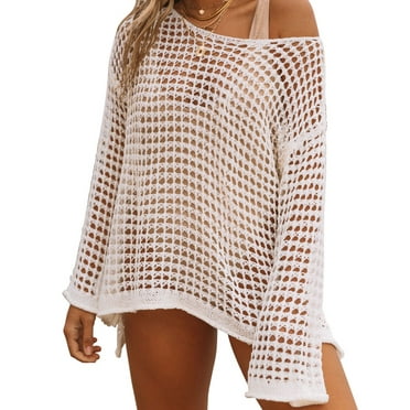 DAKIMOE Crochet Cover Up for Women Sexy Hollow Out Long Sleeve Swim Cover Up Knit Summer Outfits Swimsuit Mesh Cover Up Tunic Top for Beach Pool， White