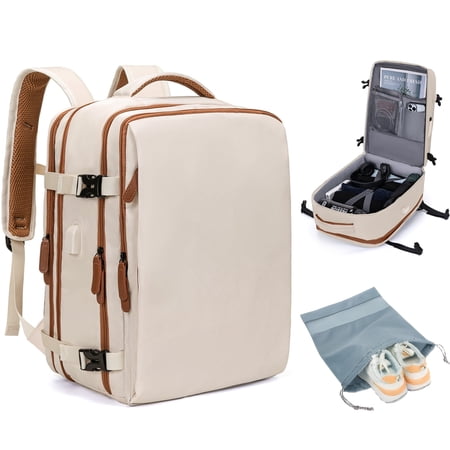 DAKIMOE Extra Large Travel Backpack for Women Men Carry On Backpacks with Shoe Pouch Water Resistant Laptop Flight Approved Daypack for Weekender Hiking, Beige