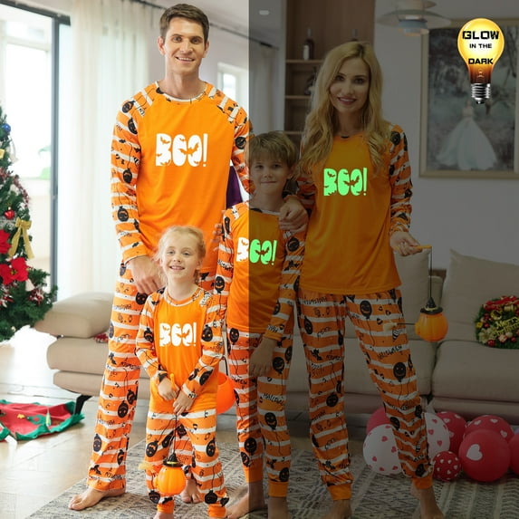 DAKIMOE Halloween Pajamas Family Matching Glow In The Dark Halloween Print Long Sleeve PJs Set Outfits 2 Pieces Cotton Loungewear Sleepwear for Adult Men Women Kids Toddler, BOO!, 10-11Y