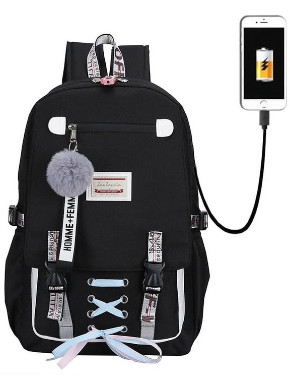 Fashion Teenage Backpack Student Middle School bag Men and Women Anti-theft Laptop Backpack with USB Charging Port (Black), One Size