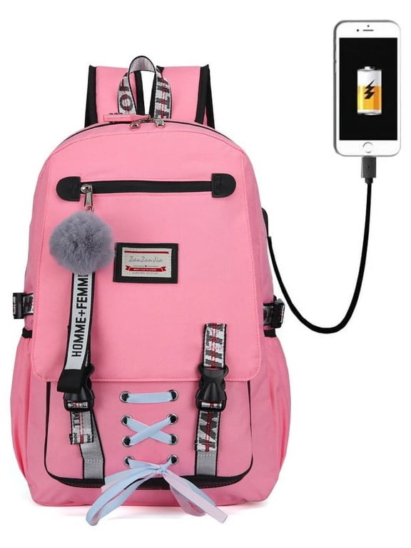 Fashion Teenage School Backpack Student Middle School bag Men and Women Anti-theft Laptop Backpack with USB Charging Port (Pink), One Size
