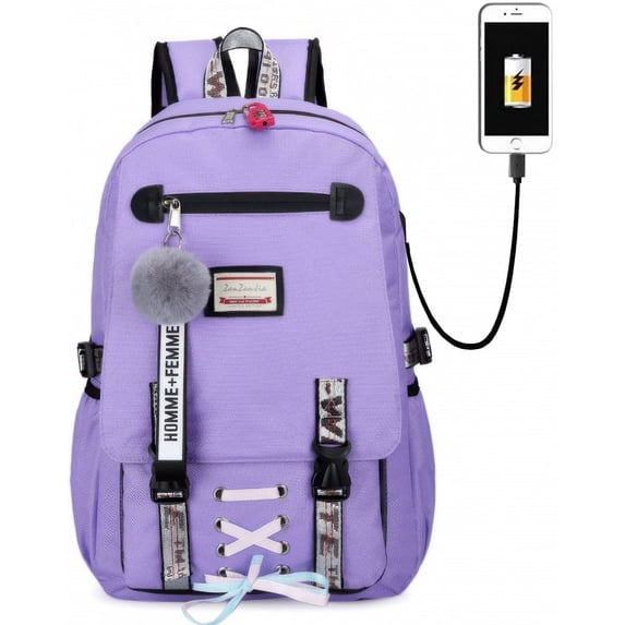 DAKIMOE Fashion Teenage School Backpack Student Middle School bag Men and Women Anti-theft Laptop Backpack with USB Charging Port, Purple
