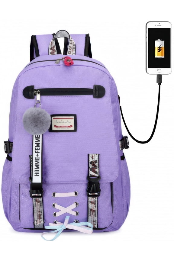 Fashion Teenage School Backpack Student Middle School bag Men and Women Anti-theft Laptop Backpack with USB Charging Port, Purple