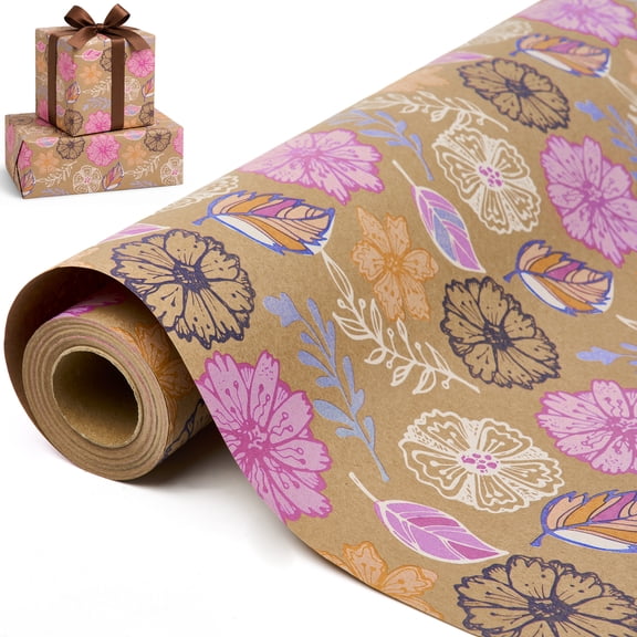 DAKIMOE Floral Kraft Wrapping Paper Roll, 17 Inch x 33 Feet, Mini Roll, Colorful Flower Gift Wrap Paper for Birthday, Wedding, Baby Shower, Engagement, Bridal Shower, Mother’s Day, Holiday Gifts