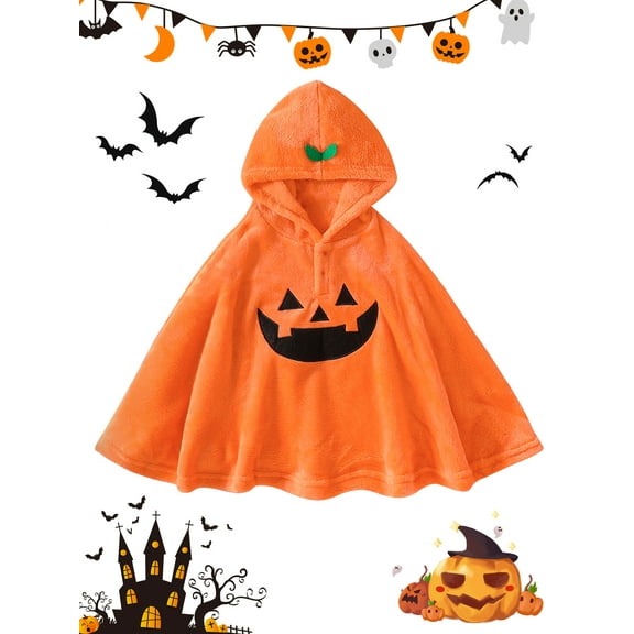 DAKIMOE Halloween Clothes for Girls and Boys Cute Pumpkin Ghost Hooded Cloak Cape Toddler Kids Baby Robe, 9-12 Months