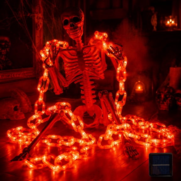 DAKIMOE Halloween Decoration Chain String Lights Solar 5FT Glowing Orange Linked Chain Garland, Outdoor LED Spooky Chain Decoration for Porch, Yard, Fence, Tree and Haunted House Decor