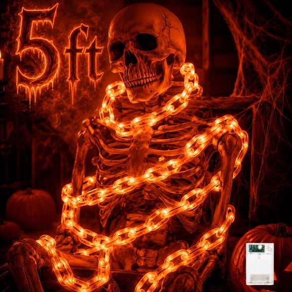 DAKIMOE Halloween Decoration Chain String Lights Orange Light Up Plastic Chain Decoration 10FT Long Glowing Link Chain for Haunted House Party Porch Yard Door Indoor Outdoor Halloween Decor