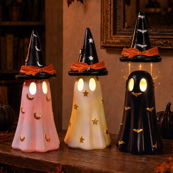 DAKIMOE Halloween Decorations Indoor, Set of 3 Ceramic Ghosts with Ceramic Witch Hats, Cute Spooky Lighted Ghost Figurines with Bats Moons Stars for Home, Shelf & Tabletop Decor