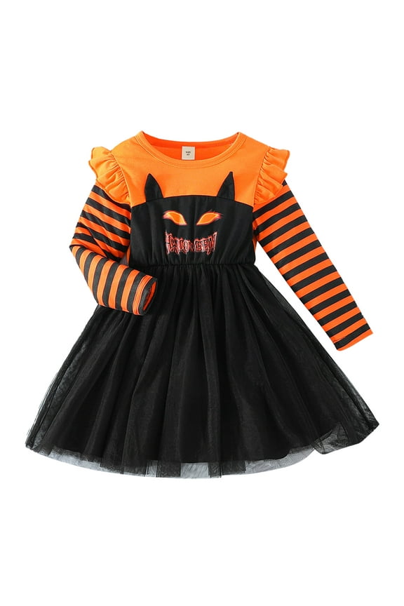 Halloween Girls Dress Long Sleeve Tutu Pumpkin Skirt Princess Party Tulle Dress Fall Clothes, Black, 6Y
