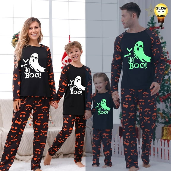 DAKIMOE Halloween Pajamas Family Matching Glow In The Dark Halloween Print Long Sleeve PJs Set Outfits 2 Pieces Cotton Loungewear Sleepwear for Adult Men Women Kids Toddler, Ghost, 8-9Y