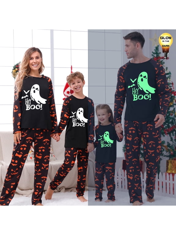 Halloween Pajamas Family Matching Glow In The Dark Halloween Print Long Sleeve PJs Set Outfits 2 Pieces Cotton Loungewear Sleepwear for Adult Men Women Kids Toddler, Ghost, Dad-XL