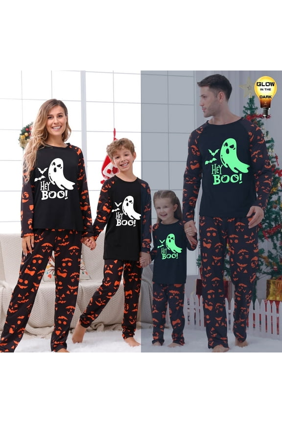 Halloween Pajamas Family Matching Glow In The Dark Halloween Print Long Sleeve PJs Set Outfits 2 Pieces Cotton Loungewear Sleepwear for Adult Men Women Kids Toddler, Ghost, Mom-M