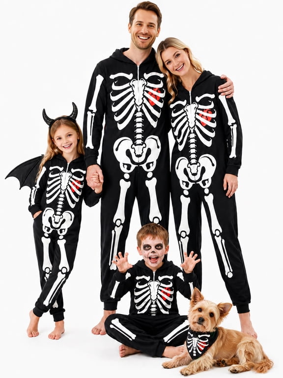 Skeleton Costume Family Halloween Costumes Glow in the Dark Zip-Up Hooded Jumpsuit Pajama for Halloween Cosplay Party for Kids Men Women Toddler