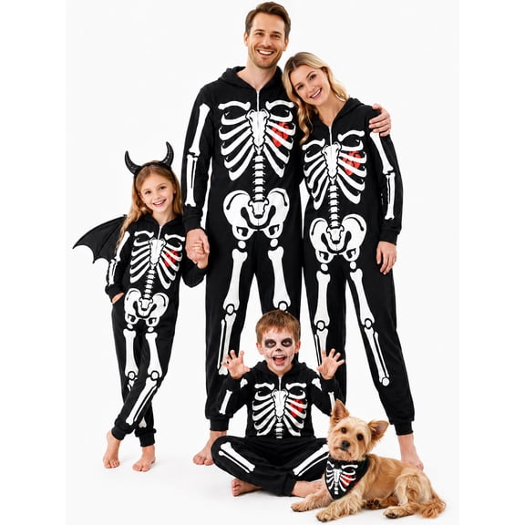 DAKIMOE Skeleton Costume Family Halloween Costumes Glow in the Dark Zip-Up Hooded Jumpsuit Pajama for Halloween Cosplay Party for Kids Men Women Toddler