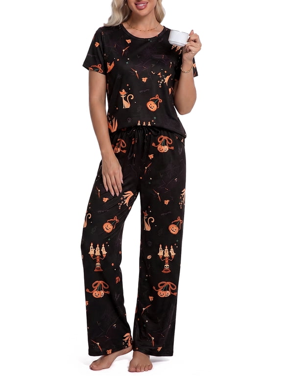 Halloween Womens Pajama Sets 2 Piece Sets for Women Summer Sets Short Sleeve Pajamas Lounge Set Casual Sleepwear Loungewear PJS, S-XXL