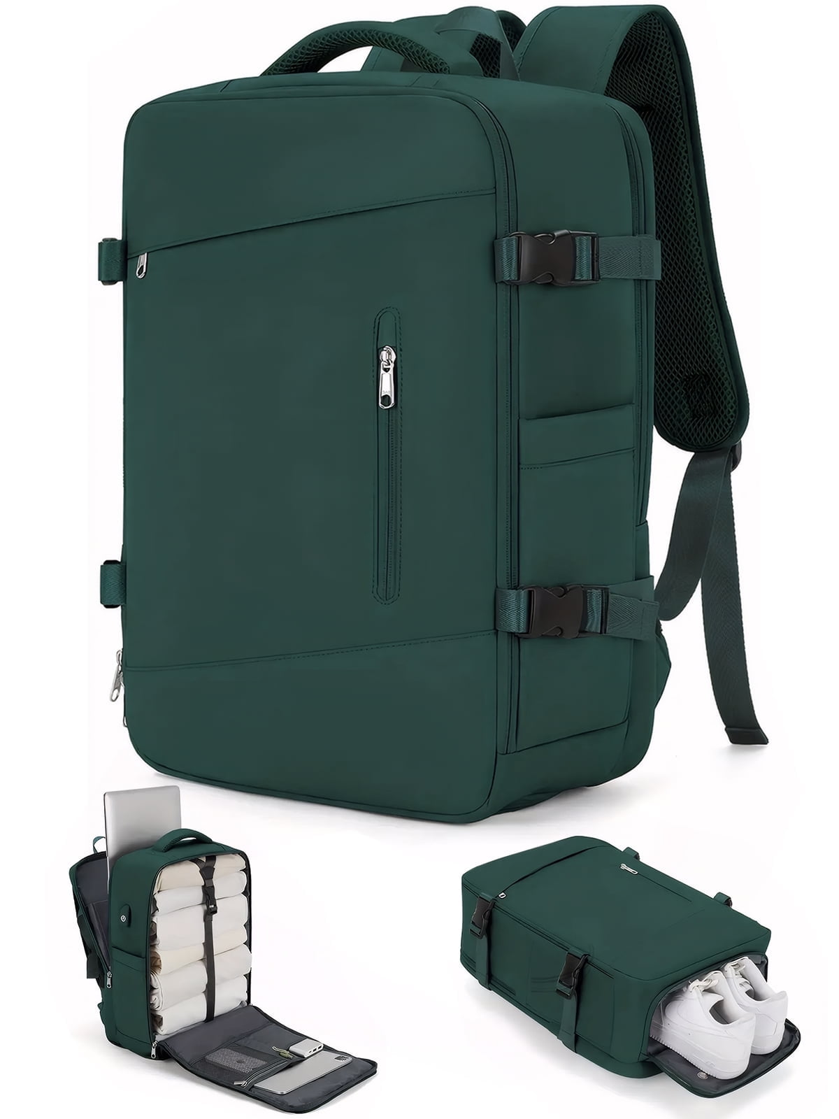 DAKIMOE Large Travel Backpack for Adults Carry on Laptop Backpack Flight Approved Waterproof College Bag with USB Charging Port & Shoe Pouch Casual Daypack for Women Men for Weekender Business, Green