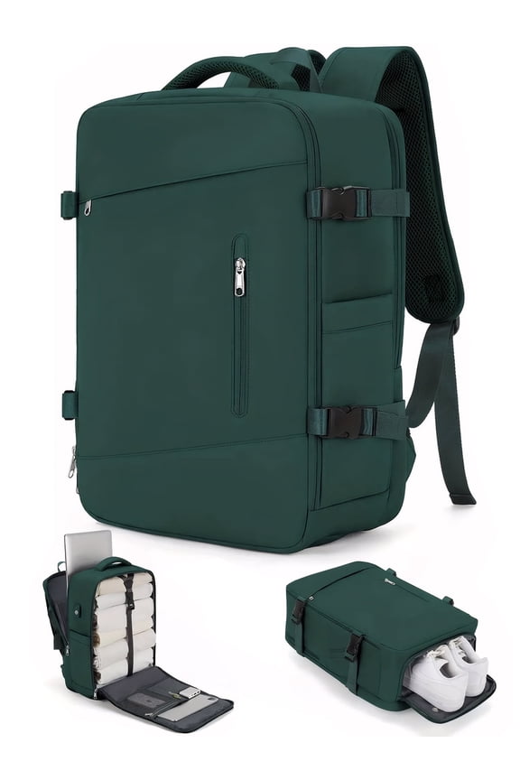 Large Travel Backpack for Adults Carry on Laptop Backpack Flight Approved Waterproof College Bag with USB Charging Port & Shoe Pouch Casual Daypack for Women Men for Weekender Business, Green