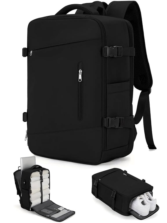 Large Travel Backpack for Adults Carry on Laptop Backpack Flight Approved Waterproof College Bag with USB Charging Port & Shoe Pouch Casual Daypack for Women Men for Weekender Business, Black