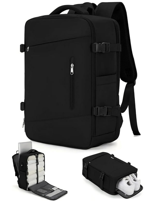 Large Travel Backpack for Adults Carry on Laptop Backpack Flight Approved Waterproof College Bag with USB Charging Port & Shoe Pouch Casual Daypack for Women Men for Weekender Business, Black