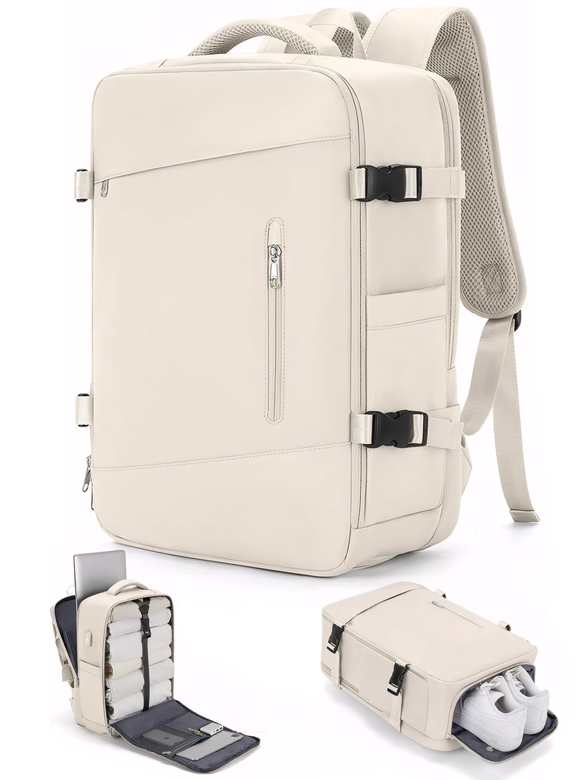 DAKIMOE Large Travel Backpack for Adults Carry on Laptop Backpack Flight Approved Waterproof College Bag with USB Charging Port & Shoe Pouch Casual Daypack for Women Men for Weekender Business, Beige