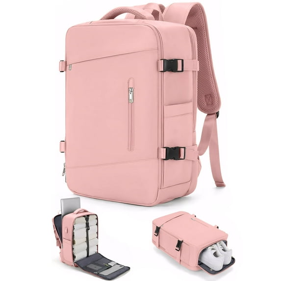 DAKIMOE Large Travel Backpack for Women Carry on Laptop Backpack Flight Approved Waterproof College Bag with USB Charging Port & Shoe Pouch Casual Daypack for Adults for Weekender Business, Pink