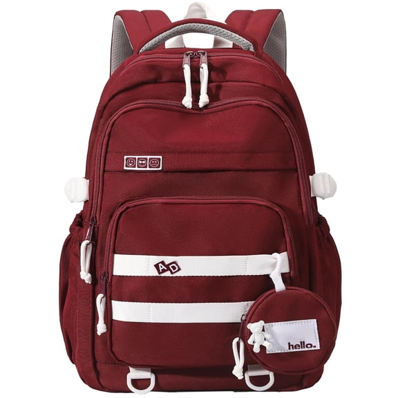 DAKIMOE Large School Backpack for Girls Boys Lightweight Spacious Kids Bookbag with Multiple Pockets for Middle School College, Wine Red