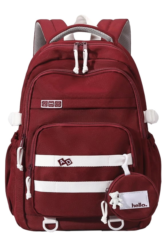 Large School Backpack for Girls Boys Lightweight Spacious Kids Bookbag with Multiple Pockets for Middle School College, Wine Red