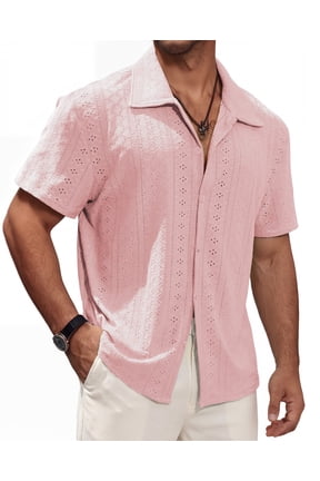 Men's Short Sleeve Button Down Shirts Lightweight Hollow Texture Summer Beach Vacation Shirt
