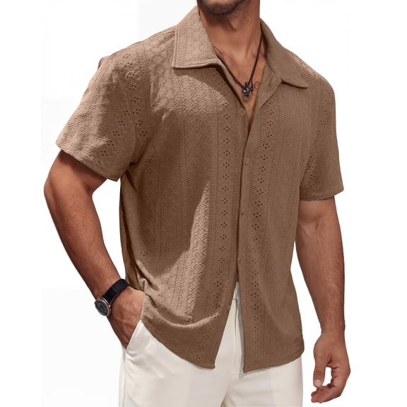 DAKIMOE Men's Short Sleeve Button Down Shirts Lightweight Hollow Texture Summer Beach Vacation Shirt