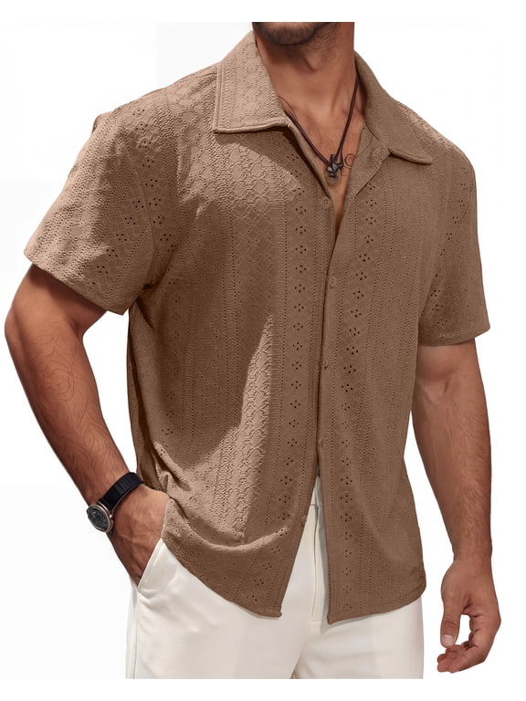 Men's Short Sleeve Button Down Shirts Lightweight Hollow Texture Summer Beach Vacation Shirt