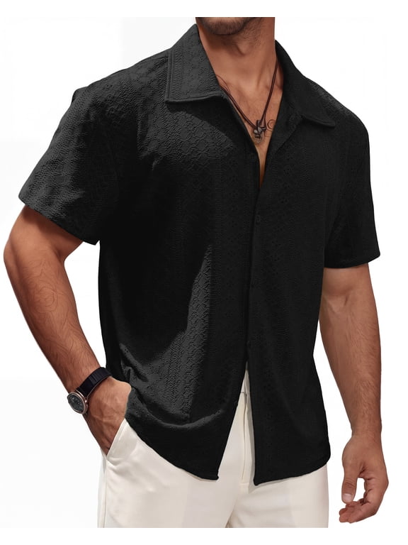 Men's Short Sleeve Button Down Shirts Lightweight Hollow Texture Summer Beach Vacation Shirt