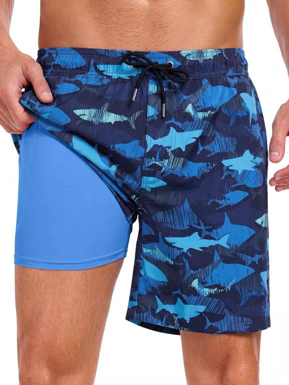 Mens Swim Trunks with Compression Liner 7'' Quick Dry Board Shorts Beach Sports Short for Men Swimming Bathing Suits Swimwear S to XXL