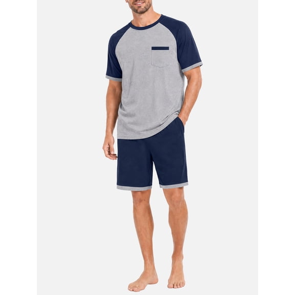 DAKIMOE Mens Pajama Set Short Sleeve Shirt and Shorts, Lightweight Breathable Summer Sleepwear, Stretch Color Block Loungewear Pjs Casual Sleep Outfit for Men, S-2XL