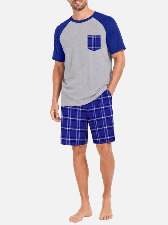 Mens Pajama Set Short Sleeve Shirt and Shorts, Lightweight Breathable Summer Sleepwear, Stretch Color Block Loungewear Pjs Casual Sleep Outfit for Men, S-2XL