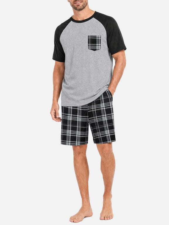 Mens Pajama Set Short Sleeve Shirt and Shorts, Lightweight Breathable Summer Sleepwear, Stretch Color Block Loungewear Pjs Casual Sleep Outfit for Men, S-2XL