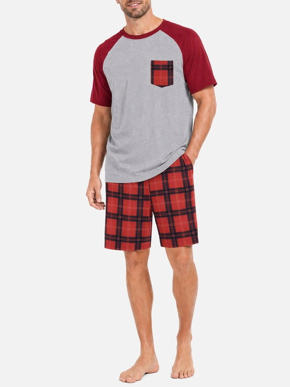 Mens Pajama Set Short Sleeve Shirt and Shorts, Lightweight Breathable Summer Sleepwear, Stretch Color Block Loungewear Pjs Casual Sleep Outfit for Men, S-2XL
