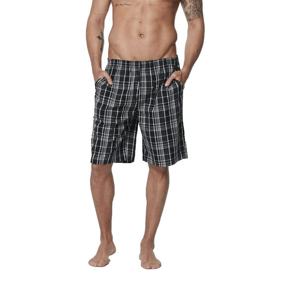 DAKIMOE Mens Sleep Shorts Pajama Shorts Cotton Sleeping Short Pajamas Bottoms for Men Comfy Mens Board Shorts Sleepwear Lounge Bottom, Black Plaid, XL