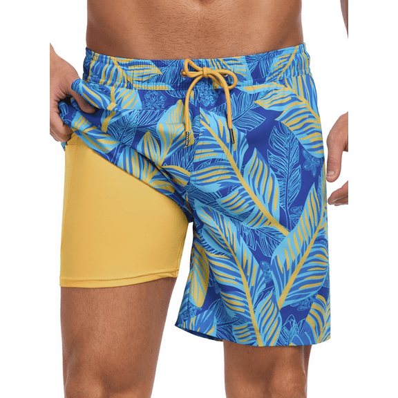 DAKIMOE Mens Swim Trunks with Compression Liner Quick Dry Board Shorts Beach Sports Short for Men Swimming Bathing Suits with Pockets Swimwear Surfing S to XL