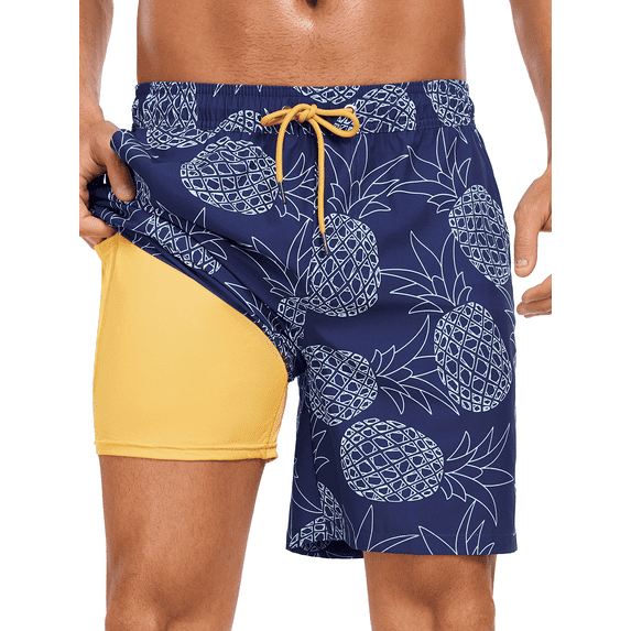DAKIMOE Mens Swim Trunks with Compression Liner Quick Dry Board Shorts Beach Sports Short for Men Swimming Bathing Suits with Pockets Swimwear Surfing S to XL