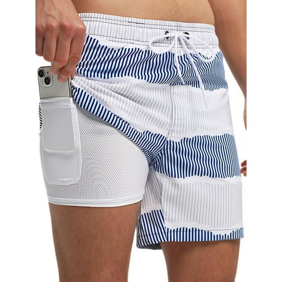 DAKIMOE Mens Swim Trunks Stretch Water Beach Shorts with Compression Liner 2 in 1 Quick-Dry Swimming Shorts with Zipper Pockets, Blue White Stripes, S