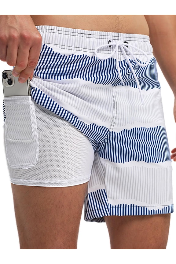 Mens Swim Trunks Stretch Water Beach Shorts with Compression Liner 2 in 1 Quick-Dry Swimming Shorts with Zipper Pockets, Blue White Stripes, XL