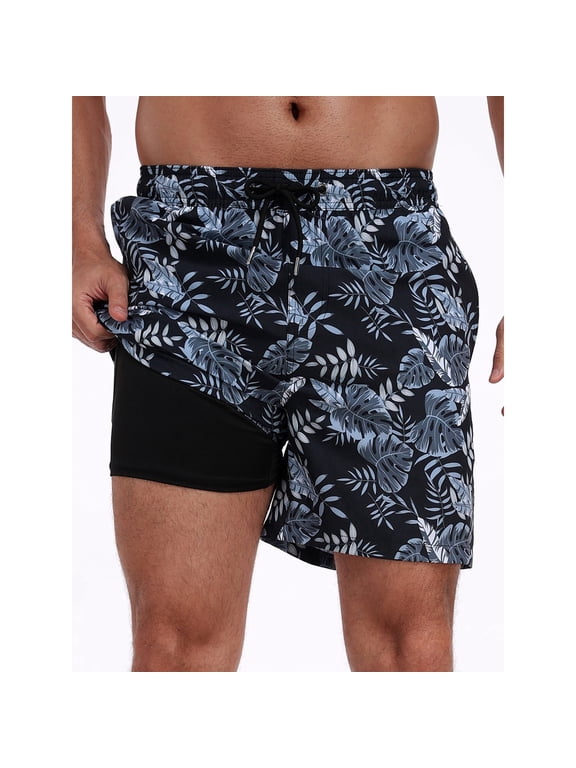 Mens Swim Trunks 2 in 1 Swim Shorts with Compression Liner Quick Dry Swimsuits Bathing Suits Stretch Swimming Board Shorts Beach Swimwear with Zipper Pockets